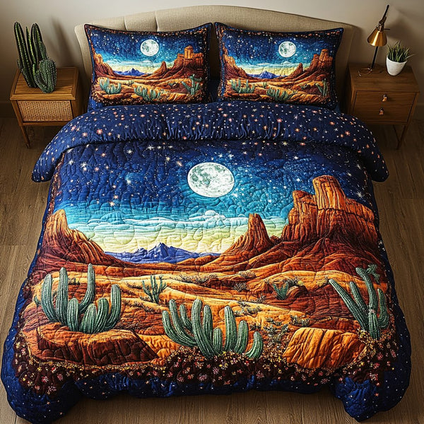 Cactus Dream quilted 3-piece bedding set on a made bed with two matching pillow shams