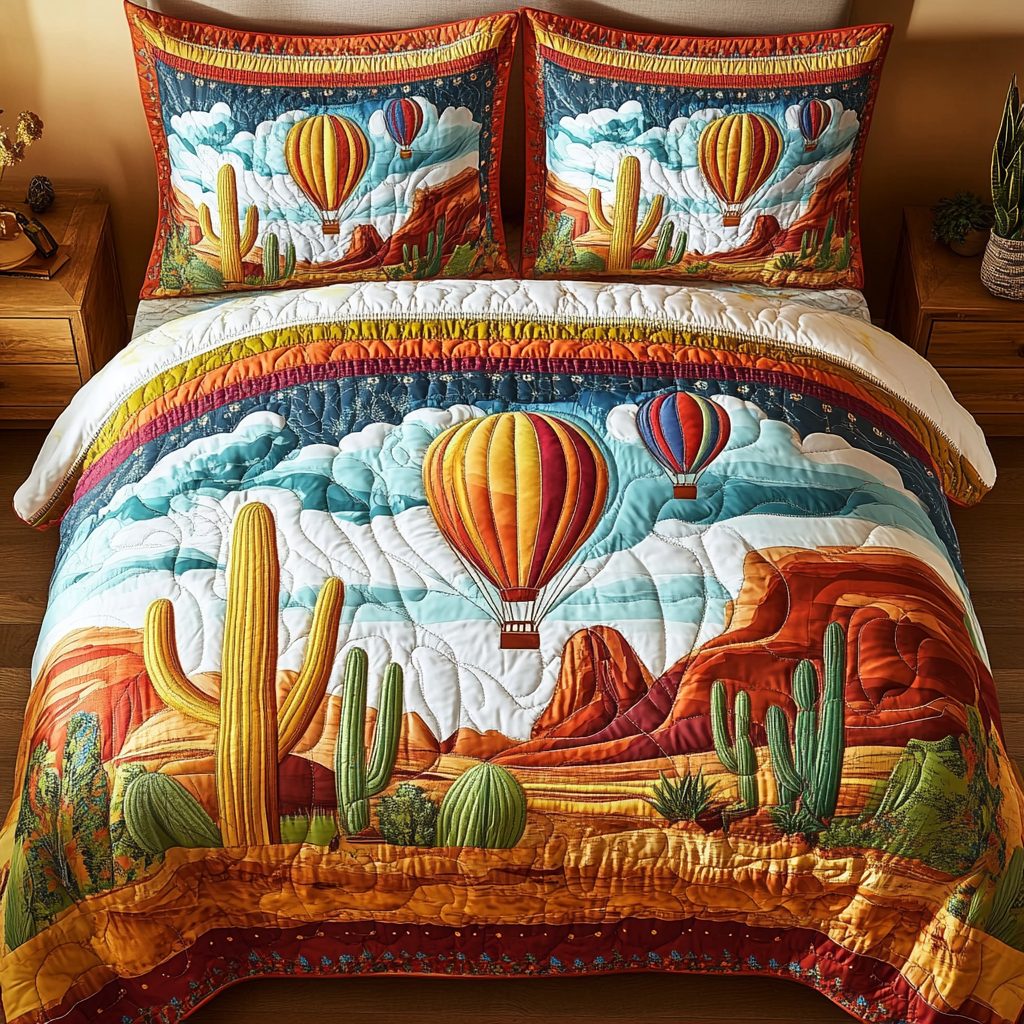 Cactus Dream quilted 3-piece bedding set on a made bed with two matching pillow shams