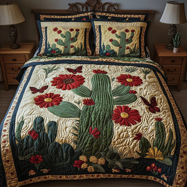 Cactus Dreamer quilted 3-piece bedding set on a made bed with two matching pillow shams
