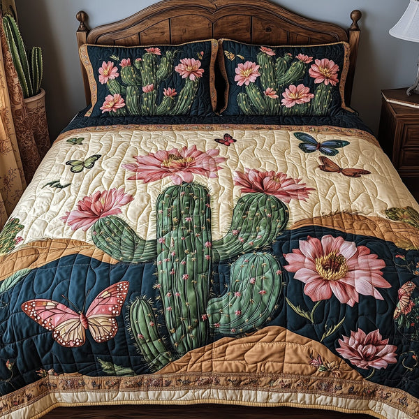 Cactus Dreamer quilted 3-piece bedding set on a made bed with two matching pillow shams