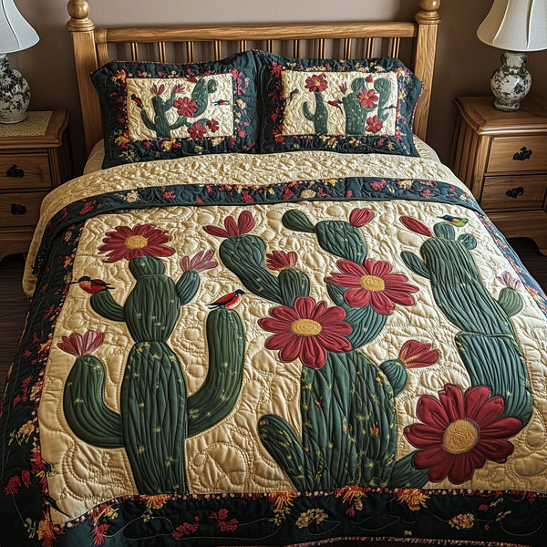 Cactus Dreamer quilted 3-piece bedding set on a made bed with two matching pillow shams