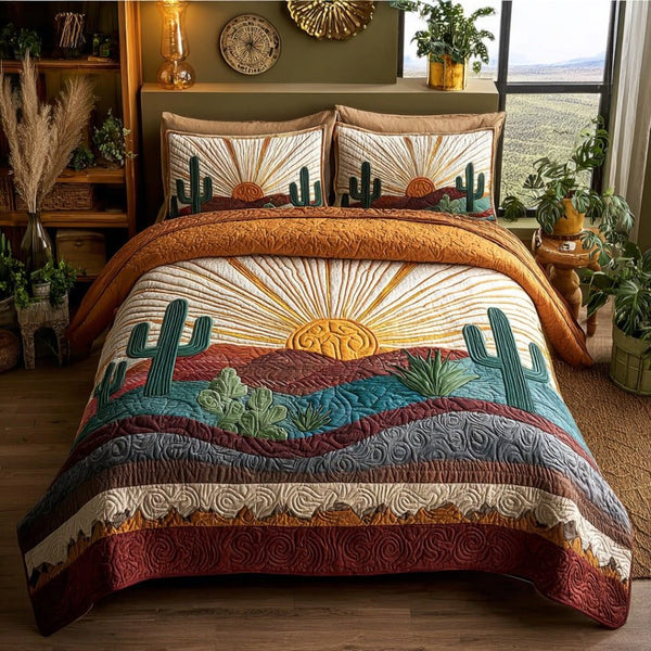Cactus Dreams quilted 3-piece bedding set on a made bed with two matching pillow shams