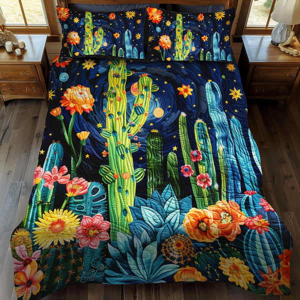Cactus Dreamscape quilted 3-piece bedding set on a made bed with two matching pillow shams