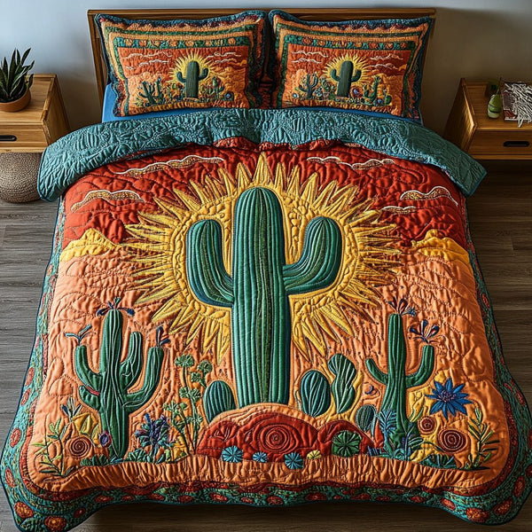 Cactus Escape quilted 3-piece bedding set on a made bed with two matching pillow shams