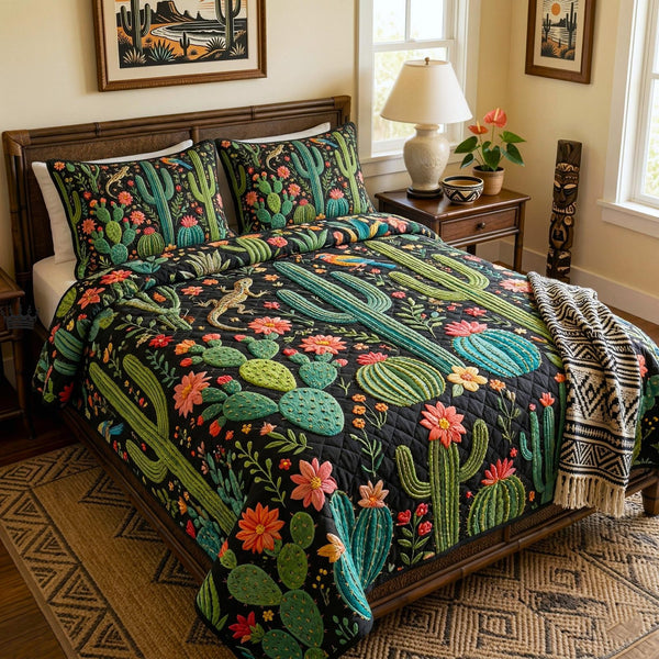 Cactus Garden quilted 3-piece bedding set on a made bed with two matching pillow shams