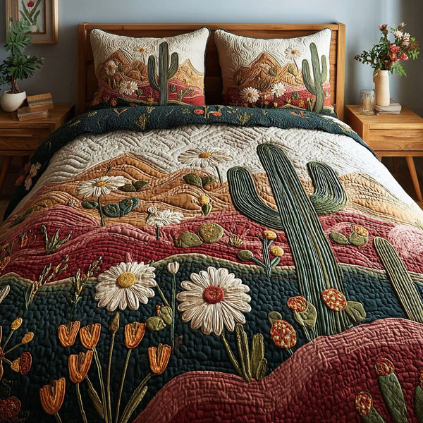 Cactus Garden quilted 3-piece bedding set on a made bed with two matching pillow shams