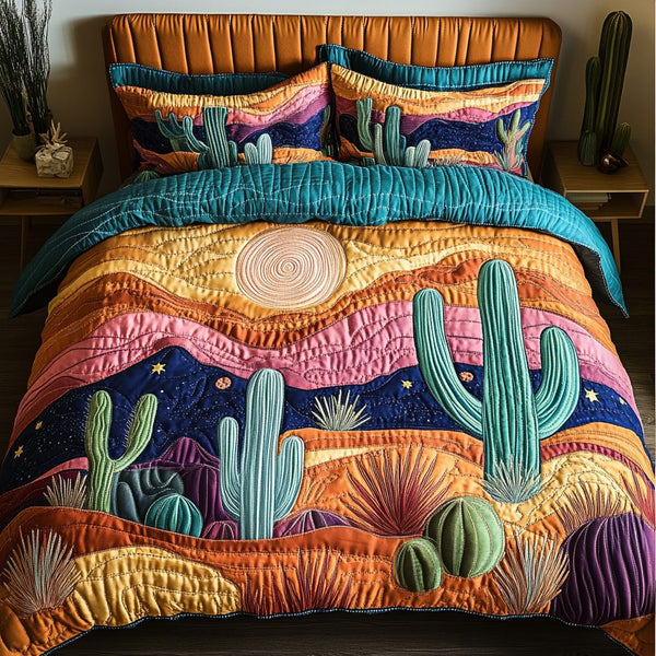 Cactus Garden quilted 3-piece bedding set on a made bed with two matching pillow shams
