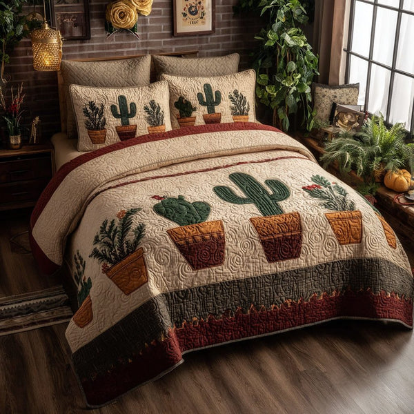 Cactus Garden quilted 3-piece bedding set on a made bed with two matching pillow shams