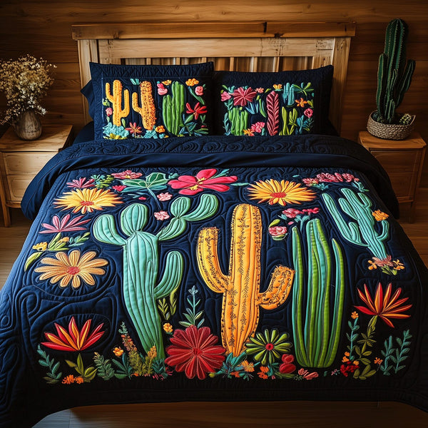Cactus Garden quilted 3-piece bedding set on a made bed with two matching pillow shams
