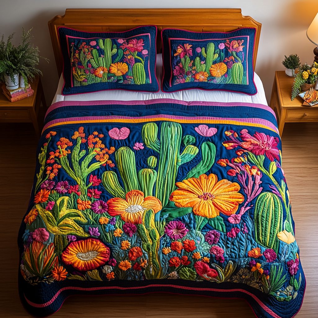 Cactus Garden quilted 3-piece bedding set on a made bed with two matching pillow shams