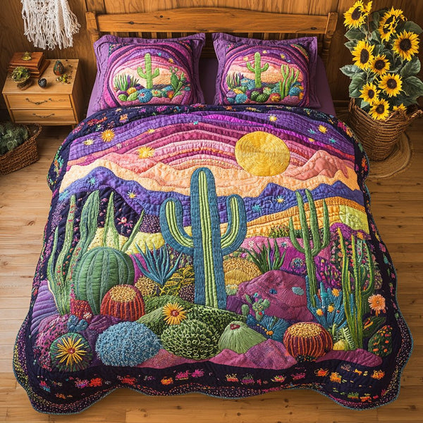 Cactus Garden quilted 3-piece bedding set on a made bed with two matching pillow shams