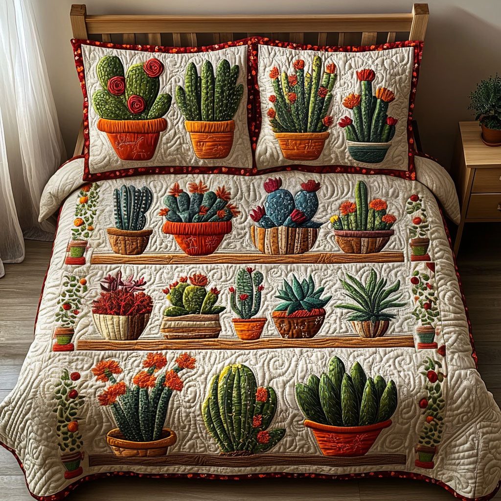 Cactus Garden Rows quilted 3-piece bedding set on a made bed with two matching pillow shams