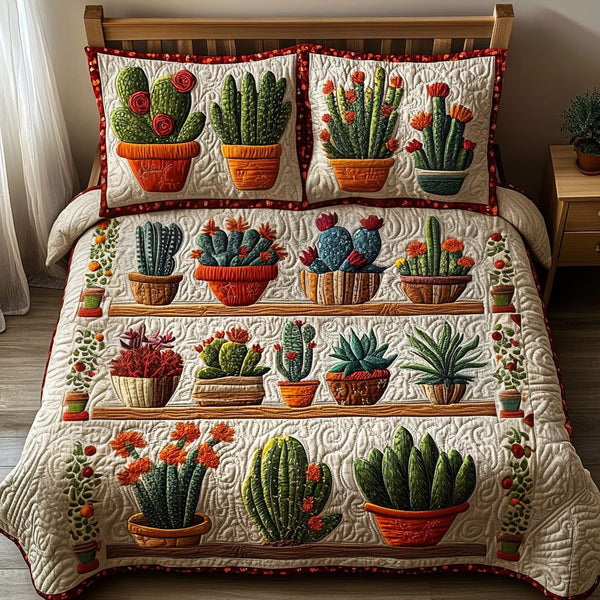 Cactus Garden Rows quilted 3-piece bedding set on a made bed with two matching pillow shams