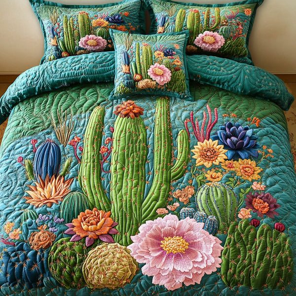 Cactus Garden Serenity quilted 3-piece bedding set on a made bed with two matching pillow shams
