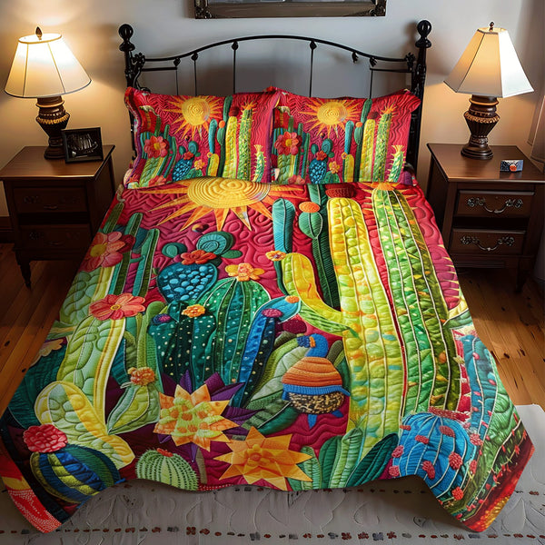 Cactus Garden Vista quilted 3-piece bedding set on a made bed with two matching pillow shams