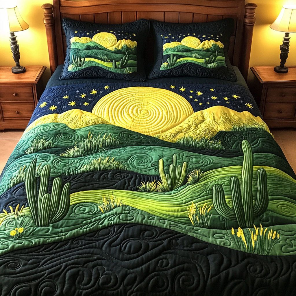 Cactus Glow quilted 3-piece bedding set on a made bed with two matching pillow shams