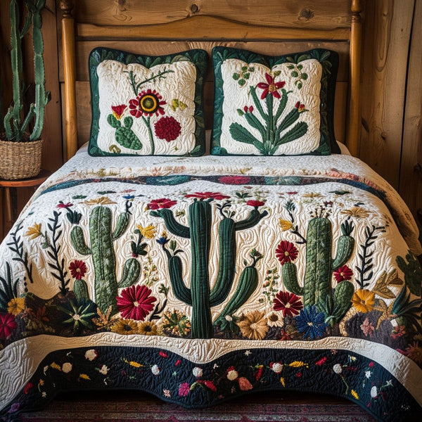 Cactus Glow quilted 3-piece bedding set on a made bed with two matching pillow shams