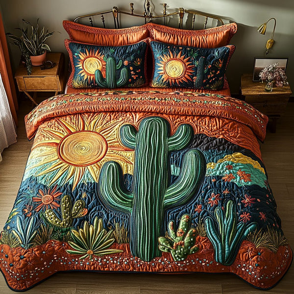 Cactus Grove quilted 3-piece bedding set on a made bed with two matching pillow shams