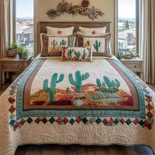 Cactus Harmony quilted 3-piece bedding set on a made bed with two matching pillow shams