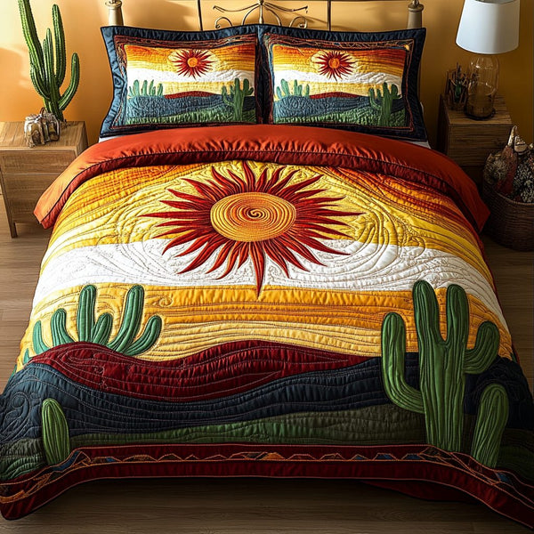 Cactus Haven quilted 3-piece bedding set on a made bed with two matching pillow shams