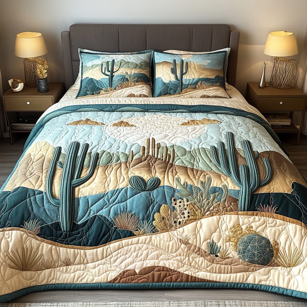 Cactus Haven quilted 3-piece bedding set on a made bed with two matching pillow shams