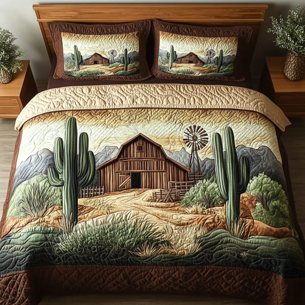Cactus Haven quilted 3-piece bedding set on a made bed with two matching pillow shams