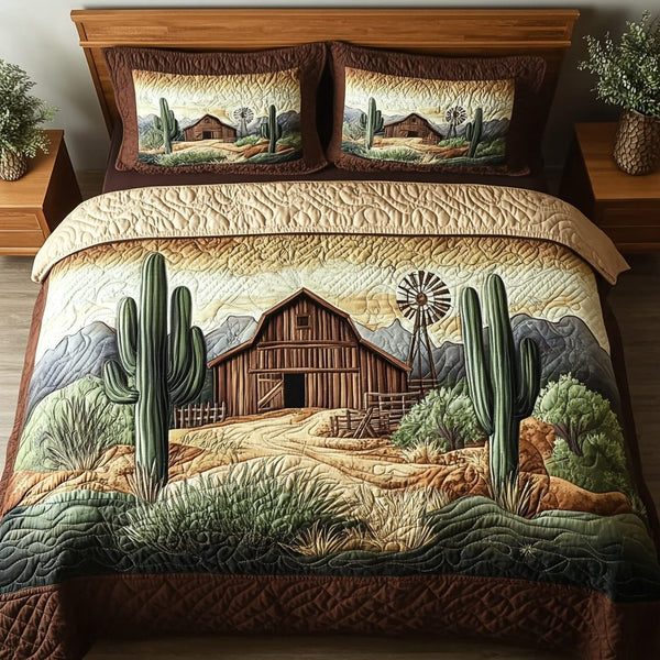 Cactus Haven quilted 3-piece bedding set on a made bed with two matching pillow shams