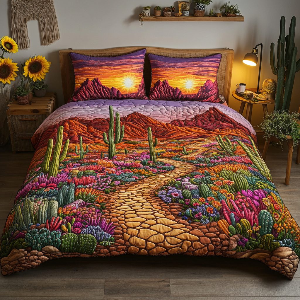 Cactus Haven quilted 3-piece bedding set on a made bed with two matching pillow shams