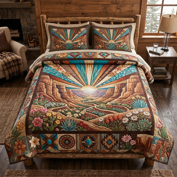 Cactus Horizon quilted 3-piece bedding set on a made bed with two matching pillow shams