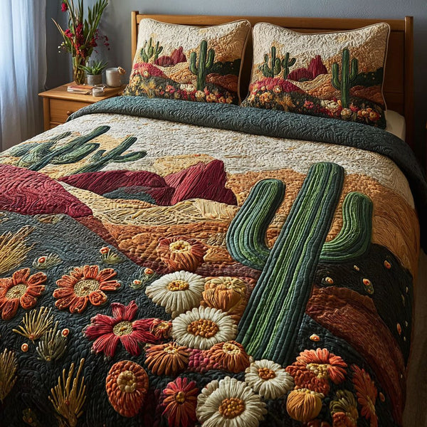 Cactus Horizon quilted 3-piece bedding set on a made bed with two matching pillow shams