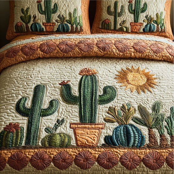 Cactus Horizon quilted 3-piece bedding set on a made bed with two matching pillow shams