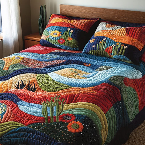 Cactus Life quilted 3-piece bedding set on a made bed with two matching pillow shams