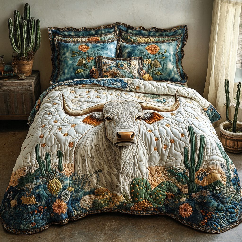 Cactus Longhorn quilted 3-piece bedding set on a made bed in a rustic timber bedroom