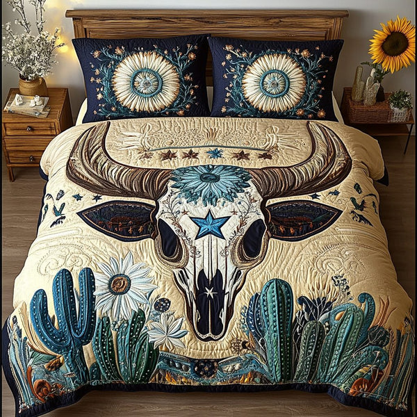 Cactus Love quilted 3-piece bedding set on a made bed with two matching pillow shams