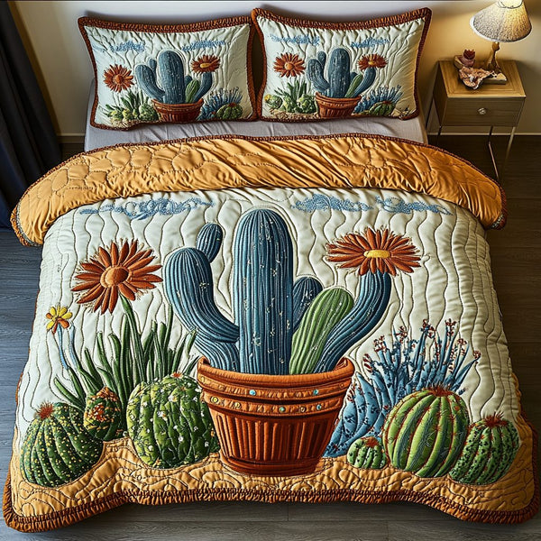 Cactus Moon quilted 3-piece bedding set on a made bed with two matching pillow shams