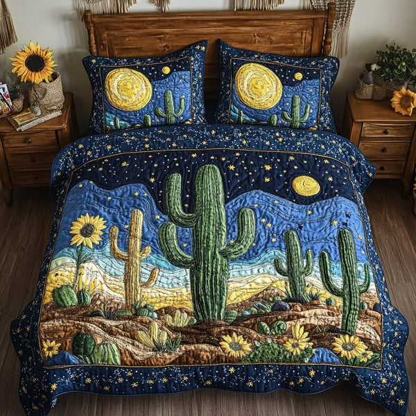 Cactus Moon quilted 3-piece bedding set on a made bed with two matching pillow shams