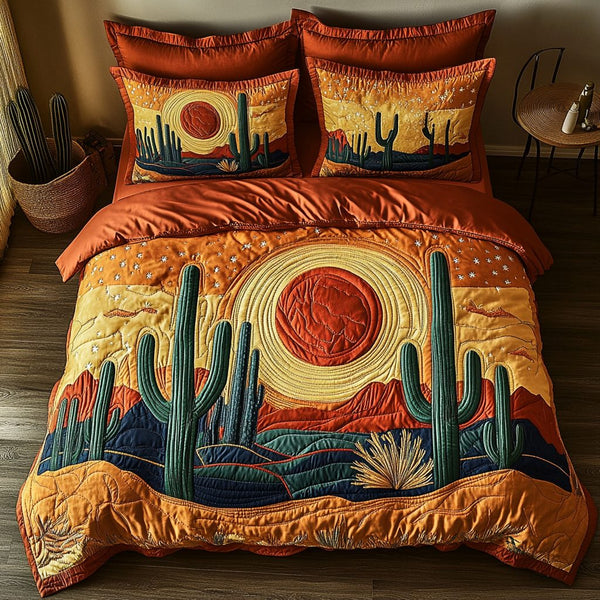 Cactus Night quilted 3-piece bedding set on a made bed with two matching pillow shams