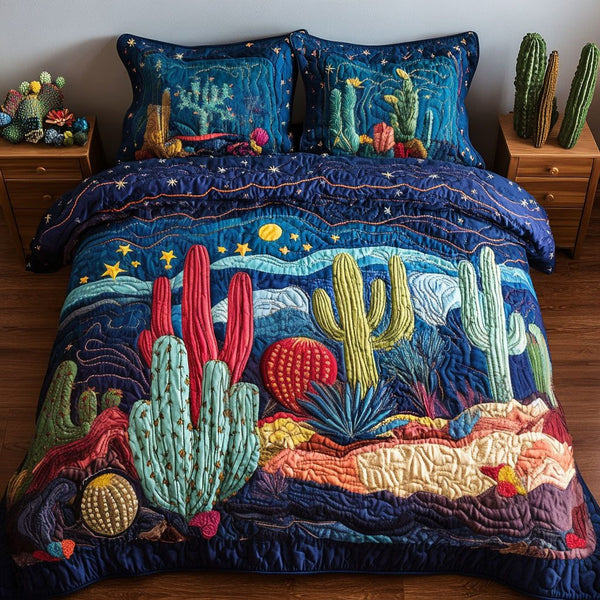 Cactus Night quilted 3-piece bedding set on a made bed with two matching pillow shams