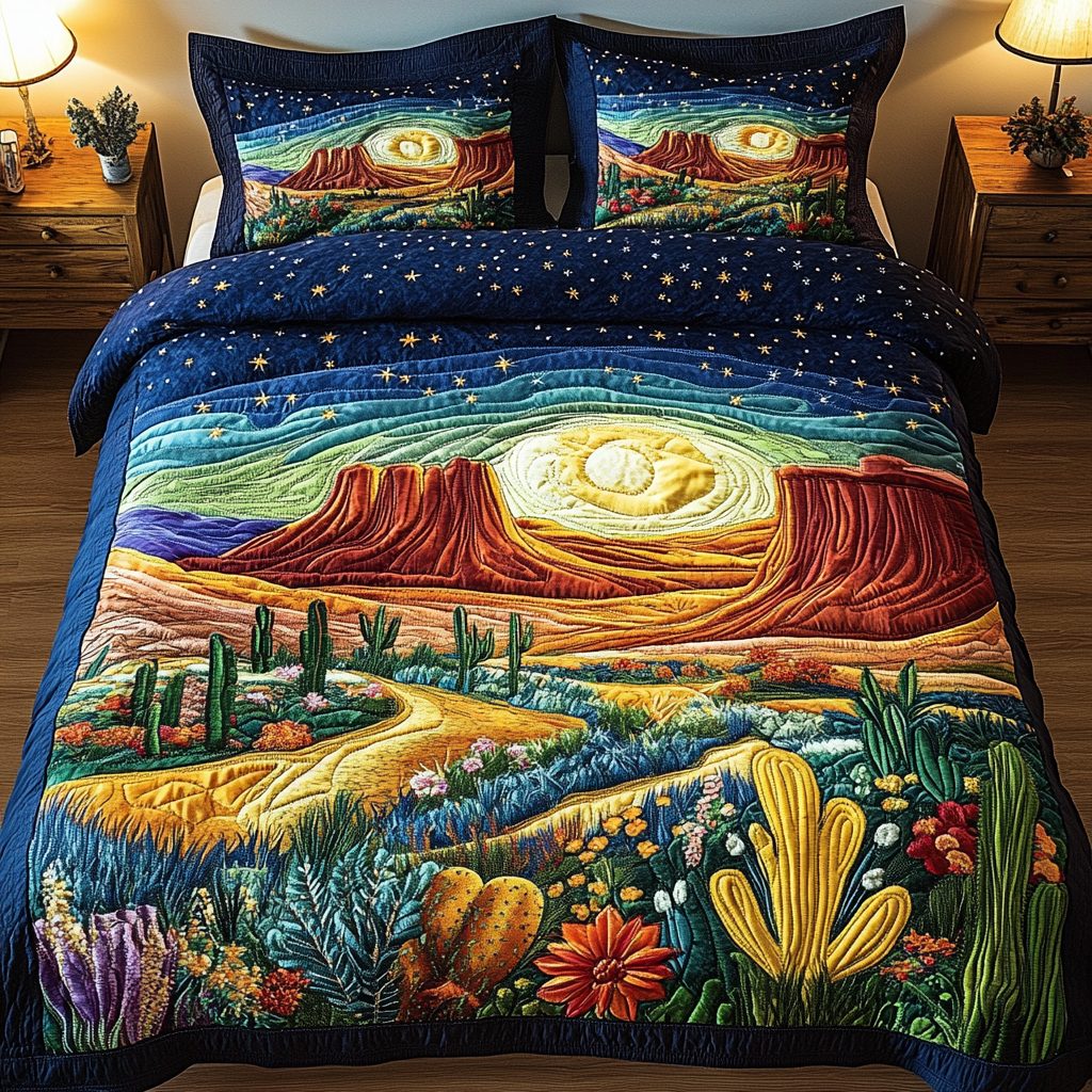 Cactus Night quilted 3-piece bedding set on a made bed with two matching pillow shams