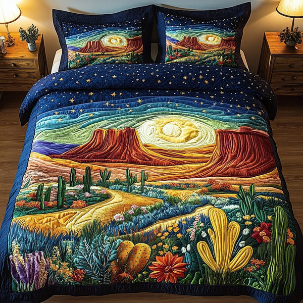 Cactus Night quilted 3-piece bedding set on a made bed with two matching pillow shams