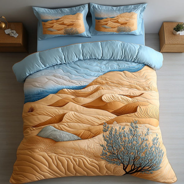 Cactus Oasis quilted 3-piece bedding set on a made bed with two matching pillow shams
