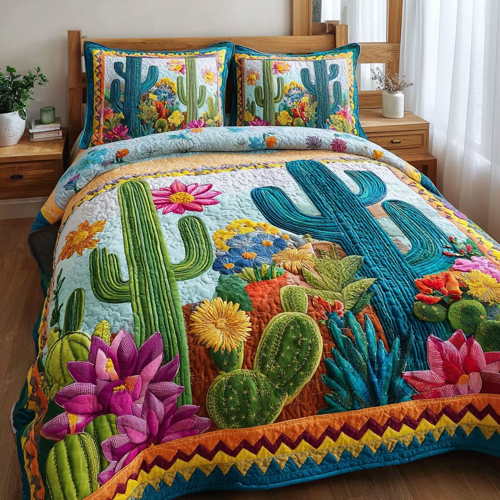 Cactus Path quilted 3-piece bedding set on a made bed with two matching pillow shams