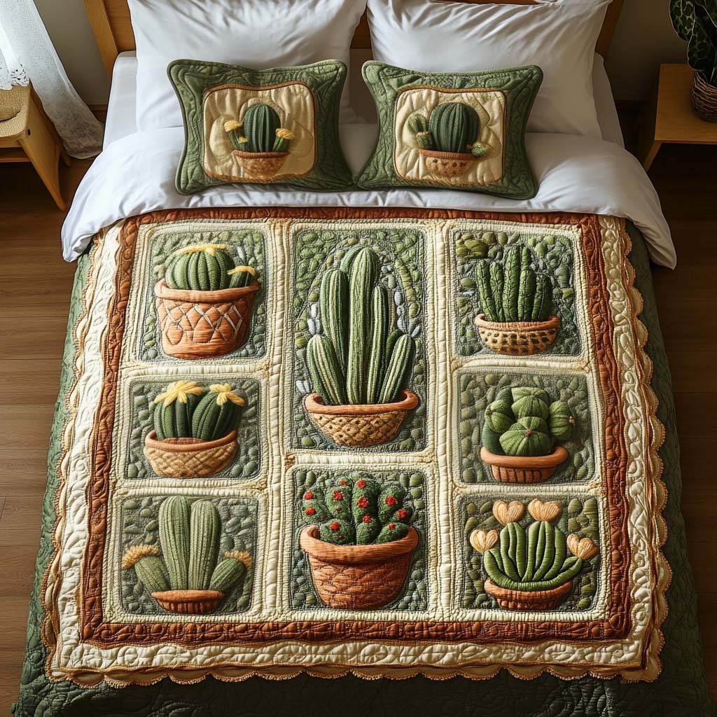 Cactus Pots quilted 3-piece bedding set on a made bed with two matching pillow shams