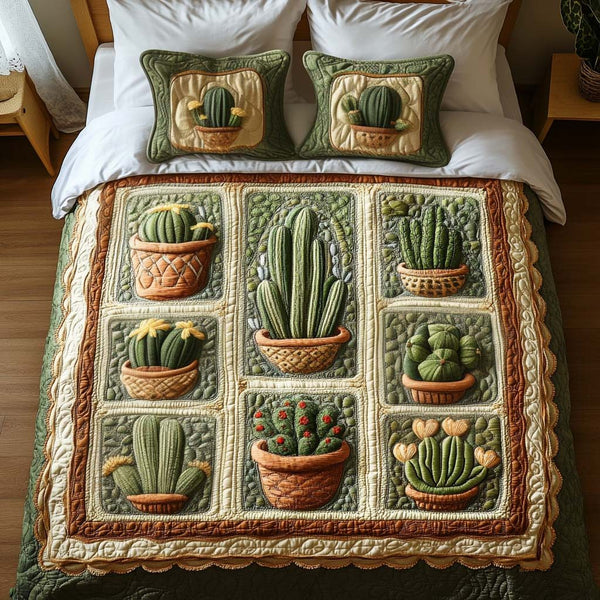 Cactus Pots quilted 3-piece bedding set on a made bed with two matching pillow shams