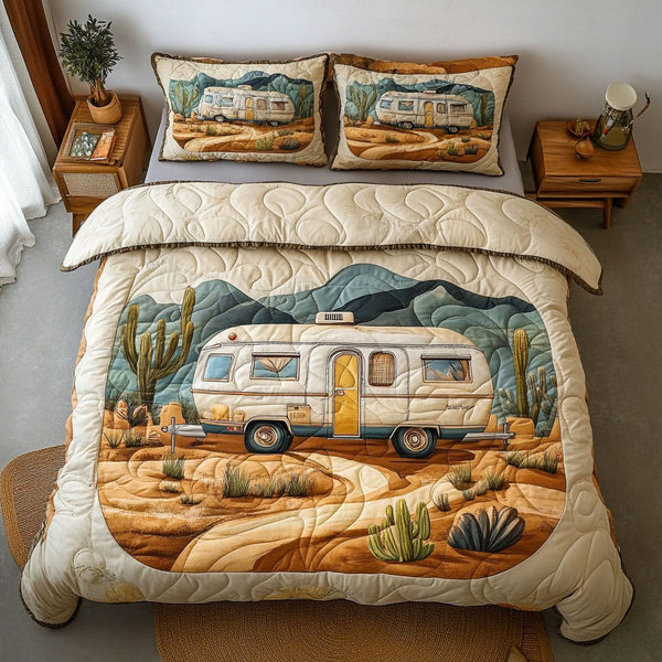 Cactus Retreat quilted 3-piece bedding set on a made bed with two matching pillow shams