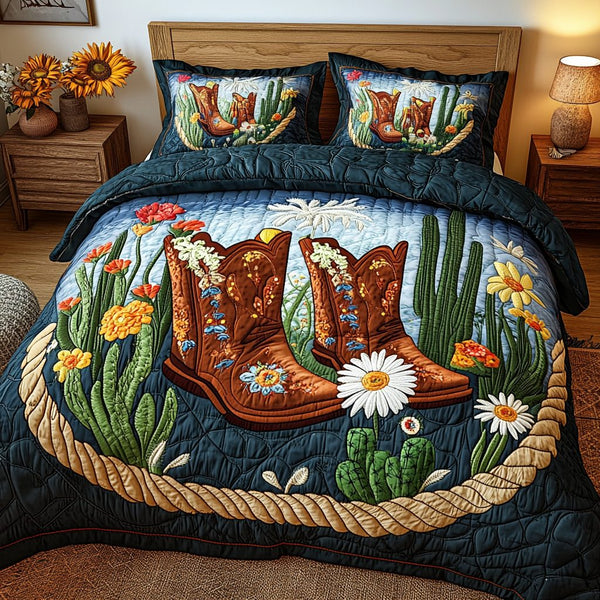 Cactus Rider quilted 3-piece bedding set on a made bed with two matching pillow shams