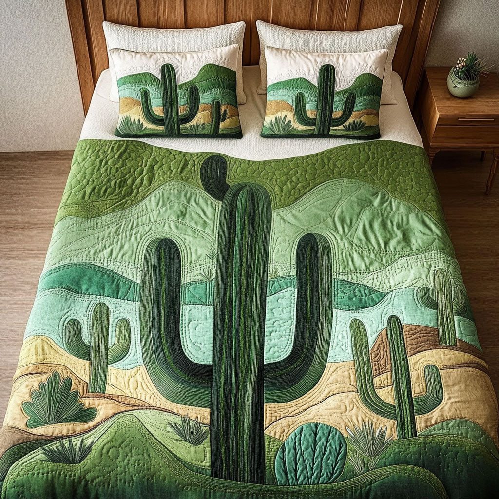 Cactus Serenity quilted 3-piece bedding set on a made bed with two matching pillow shams