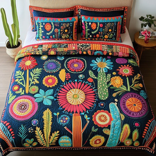 Cactus Serenity quilted 3-piece bedding set on a made bed with two matching pillow shams