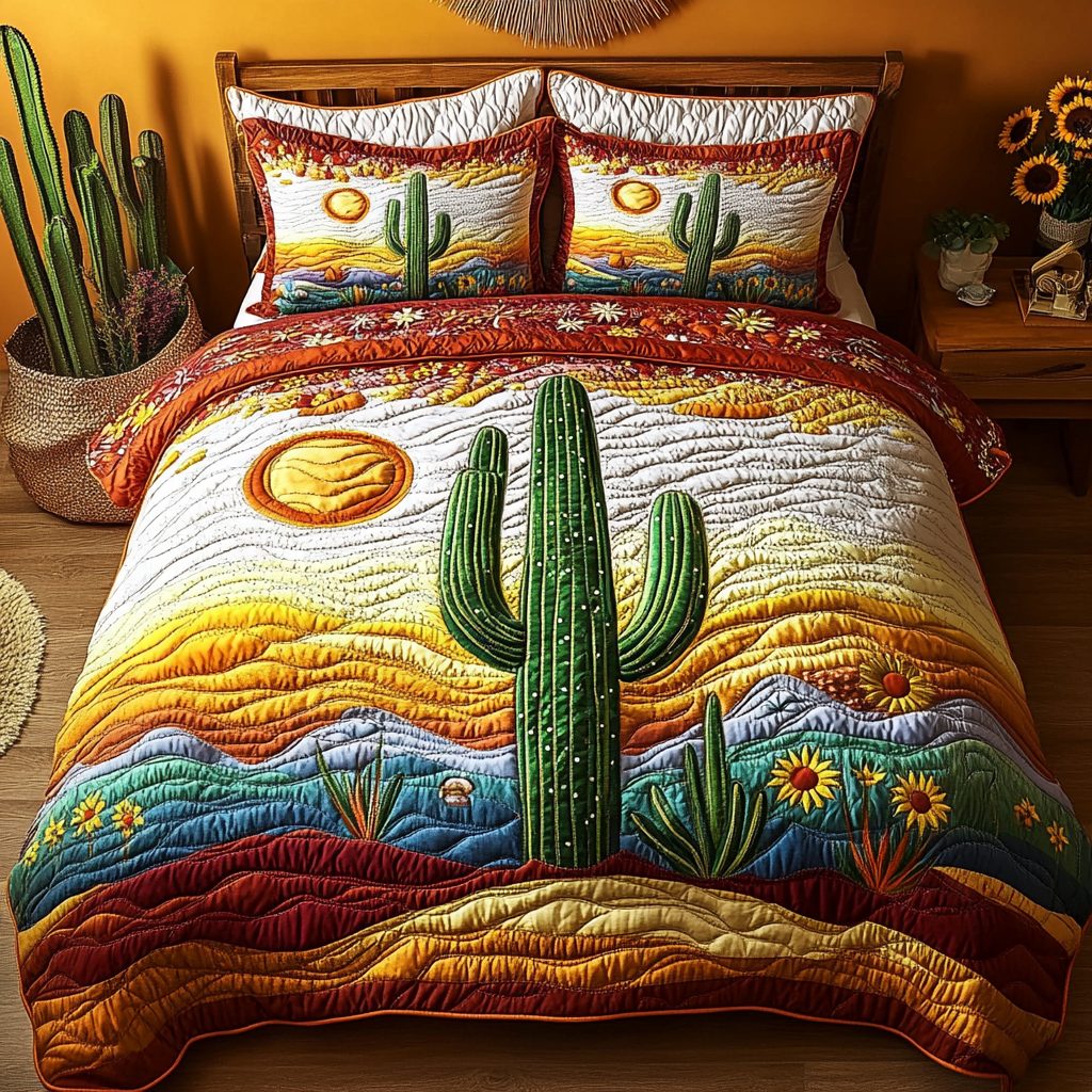 Cactus Serenity quilted 3-piece bedding set on a made bed with two matching pillow shams