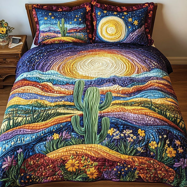 Cactus Serenity quilted 3-piece bedding set on a made bed with two matching pillow shams